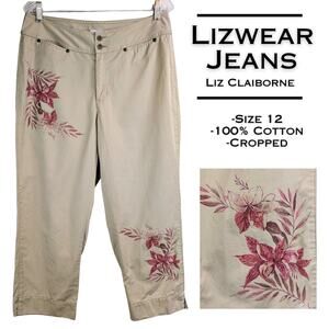 Liz Claiborne Lizwear Audra Pants 12 Khaki Beige Cropped Pink Floral Accent